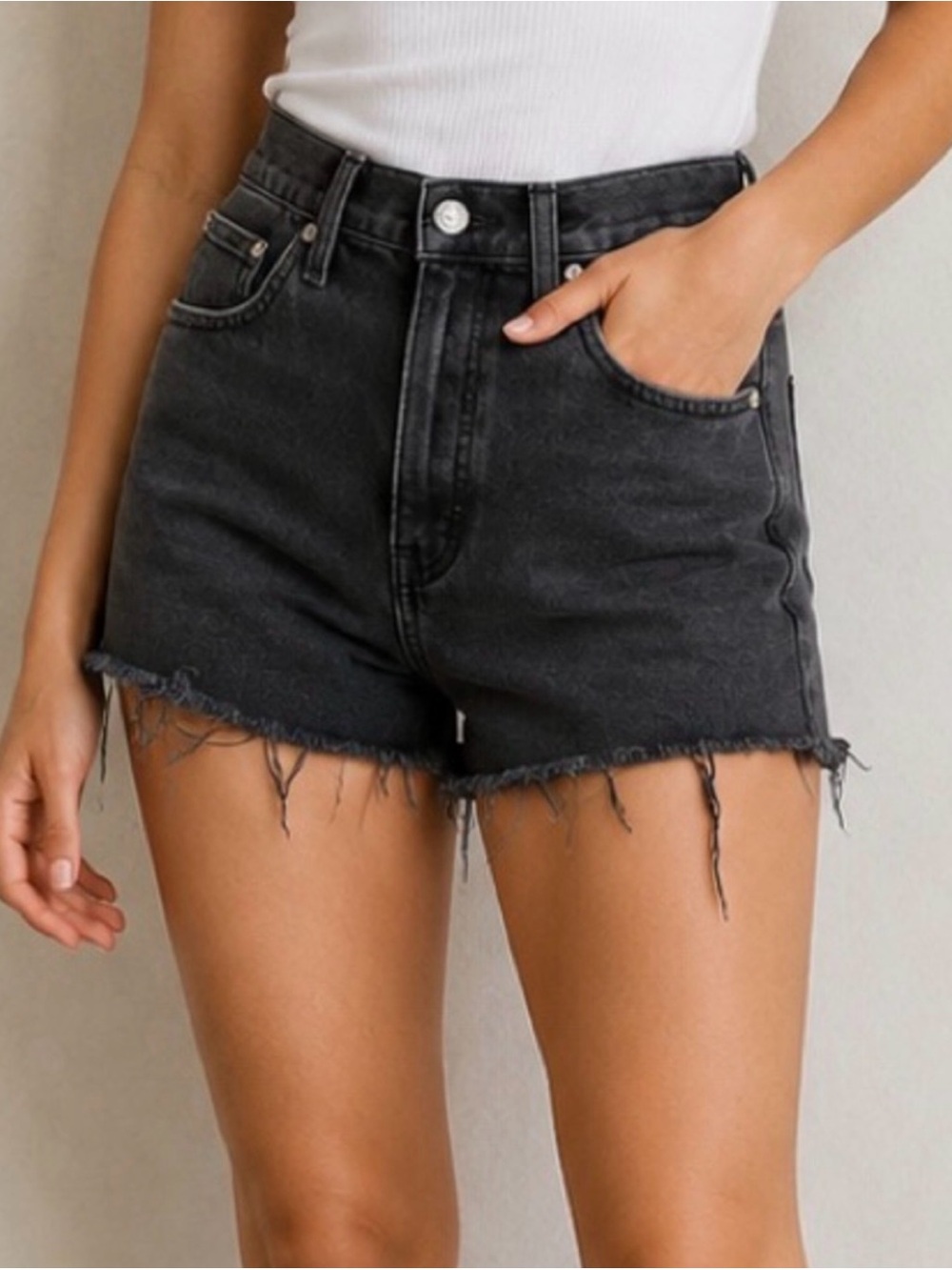 Madewell High-Rise Black Denim Frayed Hem Women's Shorts size 27